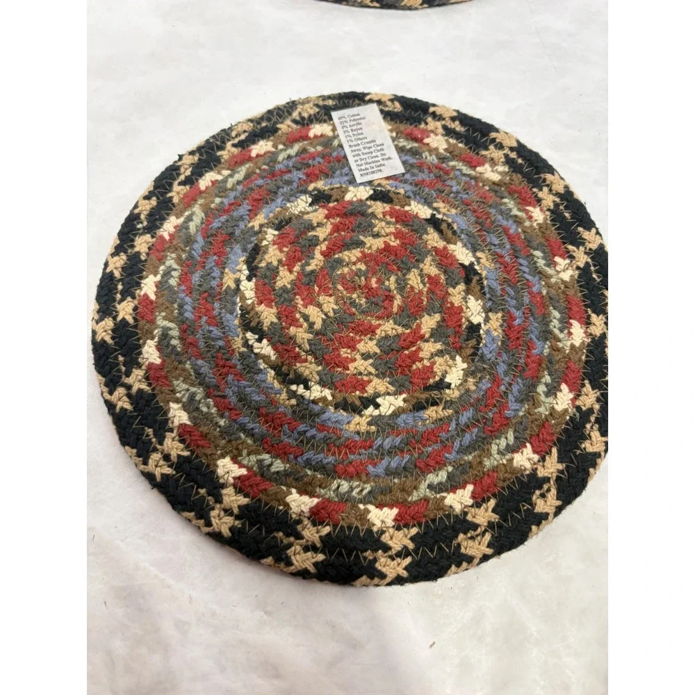Vintage Farmhouse Braided Round Trivets Multi Color Cotton Blend Set of 2 8.25in